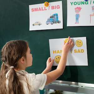 Dievča sa učí angličtinu v škole Dievča sa učí angličtinu v škole pri tabuli, kde sú obrázky s protikladmi ako small – big, young – old a happy – sad. Interaktívna a zábavná výučba angličtiny pre deti v jazykovej škole TOPLINGVA.