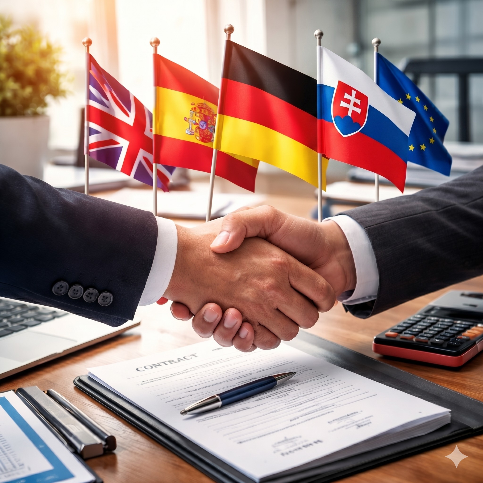 Obchodný handshake symbolizujúci spoluprácu so zahraničnými partnermi a rastúci dopyt po jazykových kurzoch angličtiny, nemčiny, španielčiny a slovenčiny pre cudzincov.